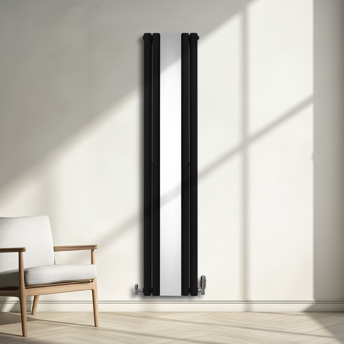 Radiateur à Colonne Ovale avec Miroir & Valves - 1800mm x 380mm – Noir