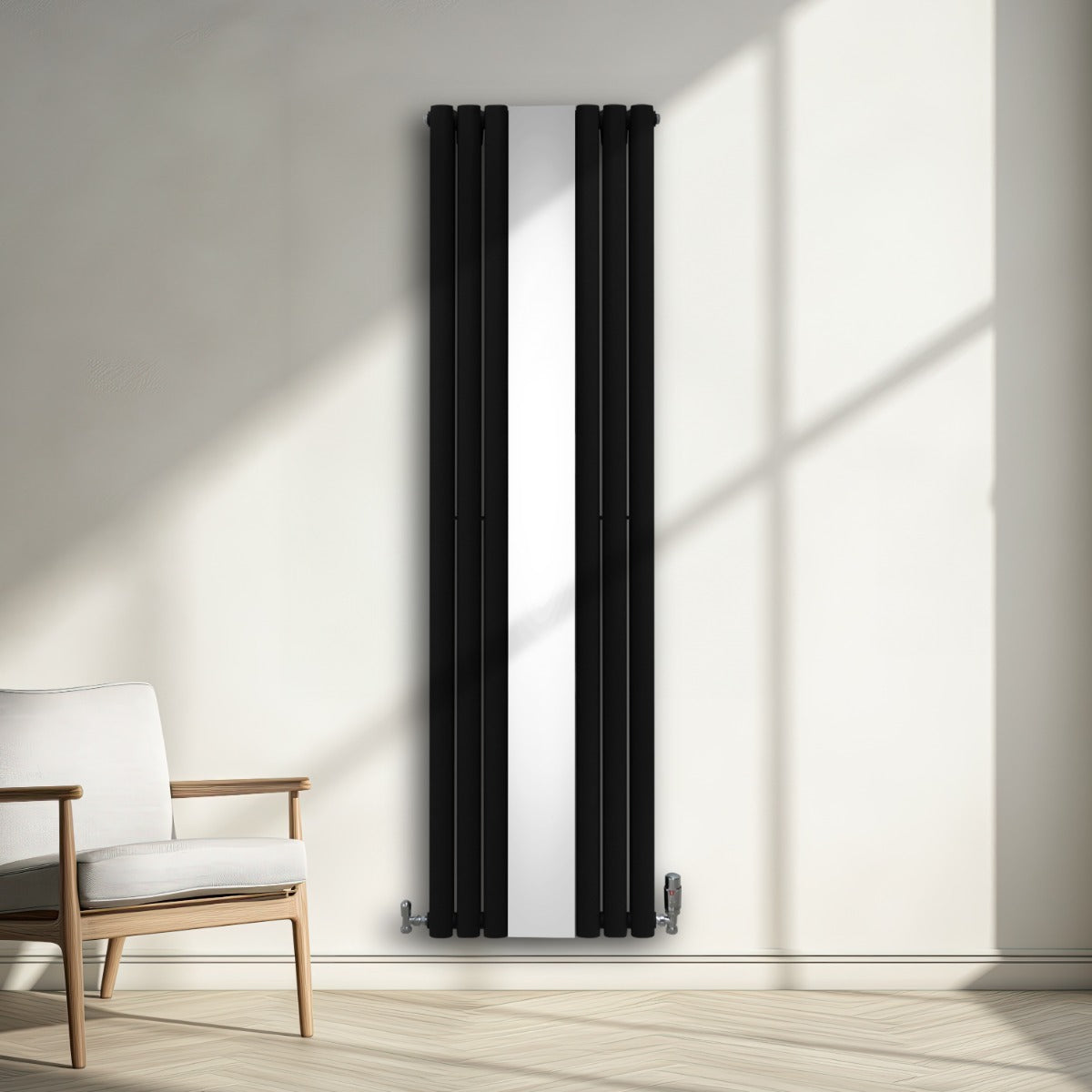 Radiateur à Colonne Ovale avec Miroir & Valves - 1800mm x 500mm – Noir