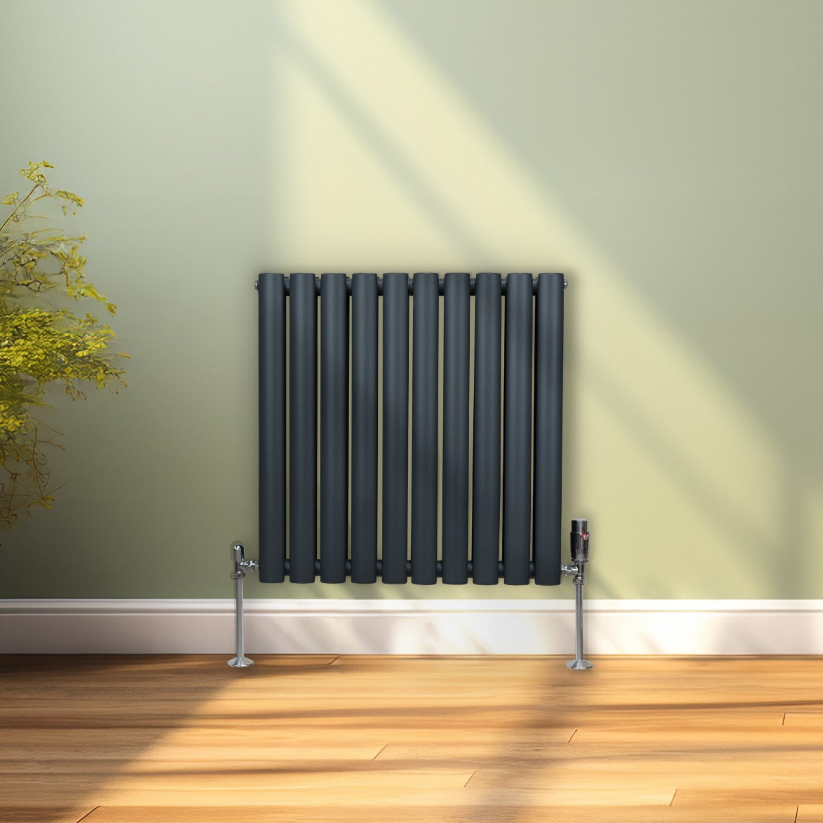 Radiateur à Colonne Ovale & Robinet Thermostatique Chromé - 600mm x 600mm – Gris Anthracite