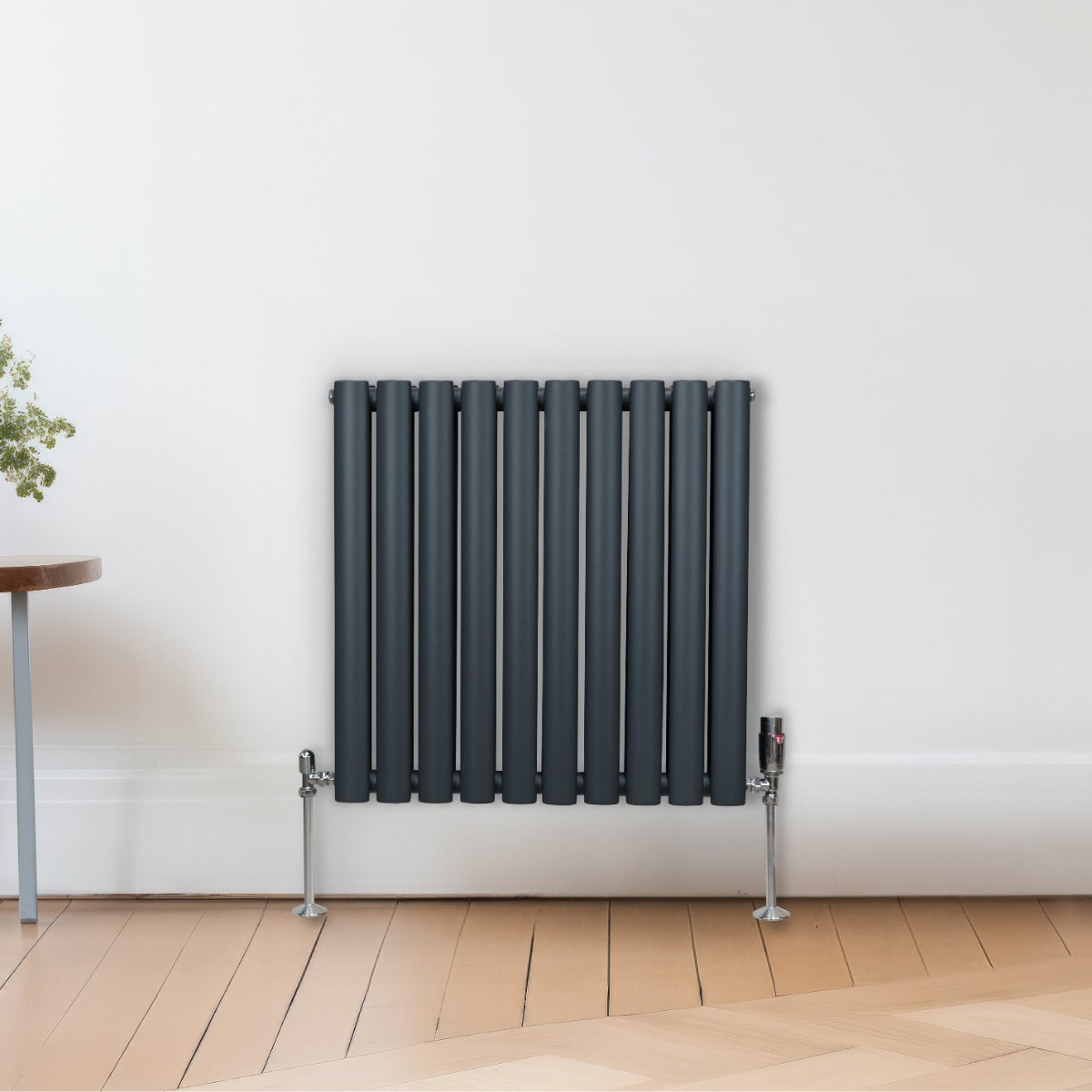 Radiateur à Colonne Ovale & Robinet Thermostatique Chromé - 600mm x 600mm – Gris Anthracite