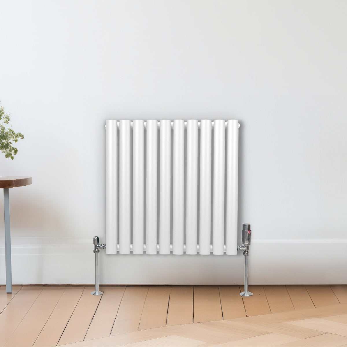 Radiateur à Colonne Ovale & Robinet Thermostatique Chromé - 600mm x 600mm – Blanc