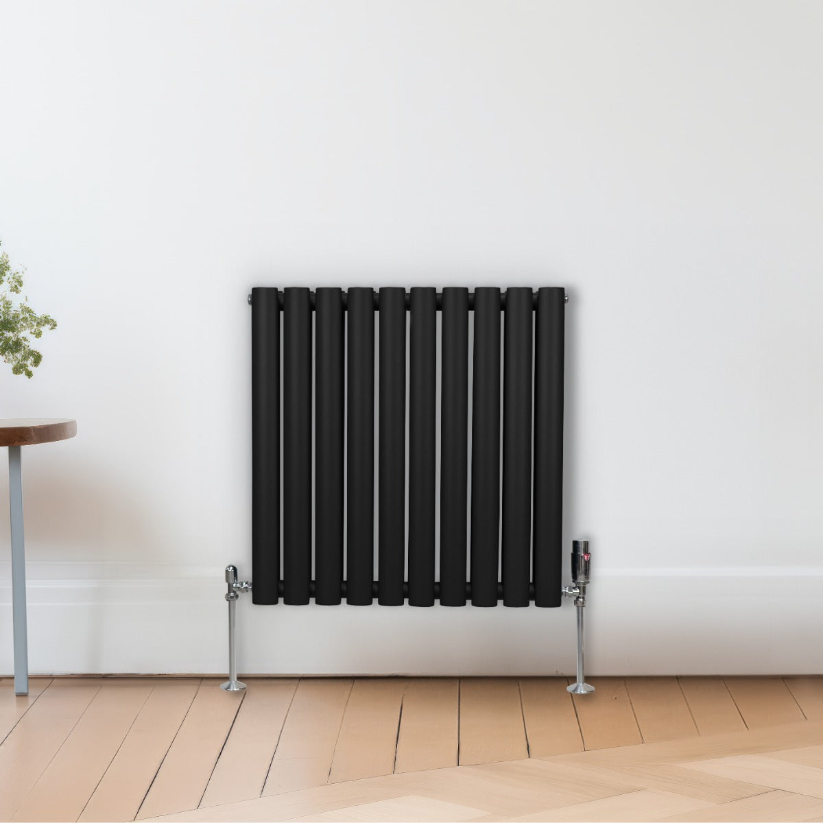 Radiateur à Colonne Ovale & Robinet Thermostatique Chromé - 600mm x 600mm – Noir