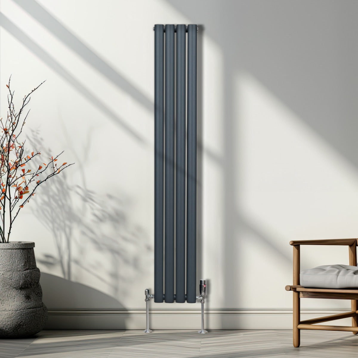 Radiateur à Colonne Ovale & Robinet Thermostatique Chromé - 1600mm x 240mm – Gris Anthracite