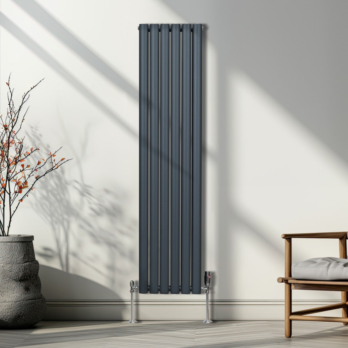 Radiateur à Colonne Ovale & Robinet Thermostatique Chromé - 1600mm x 360mm – Gris Anthracite