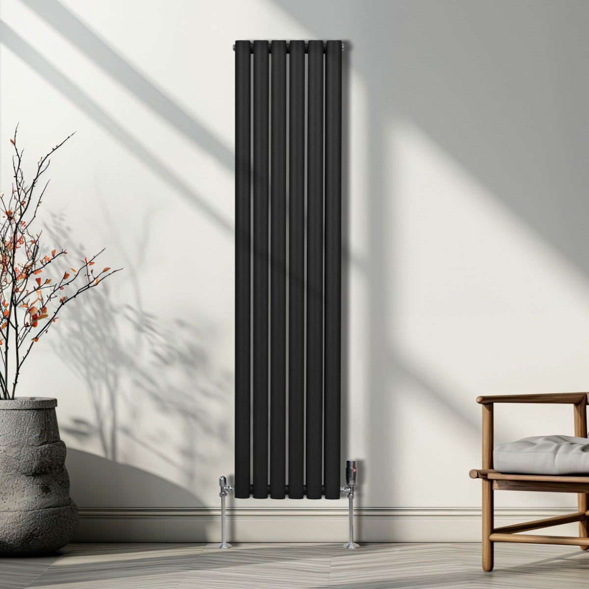 Radiateur à Colonne Ovale & Robinet Thermostatique Chromé - 1600mm x 360mm – Noir