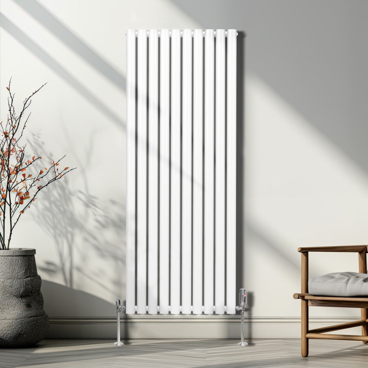 Radiateur à Colonne Ovale & Robinet Thermostatique Chromé - 1600mm x 600mm – Blanc