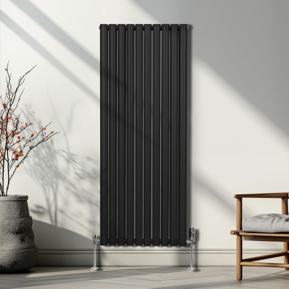 Radiateur à Colonne Ovale & Robinet Thermostatique Chromé - 1600mm x 600mm – Noir