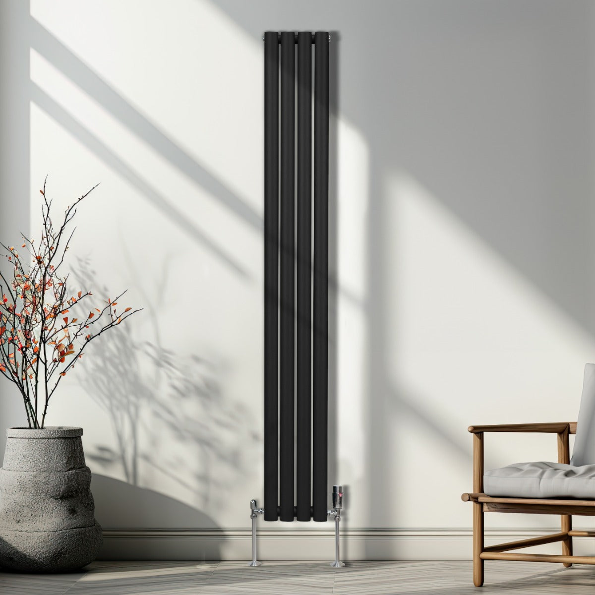 Radiateur à Colonne Ovale & Robinet Thermostatique Chromé - 1800mm x 240mm – Noir