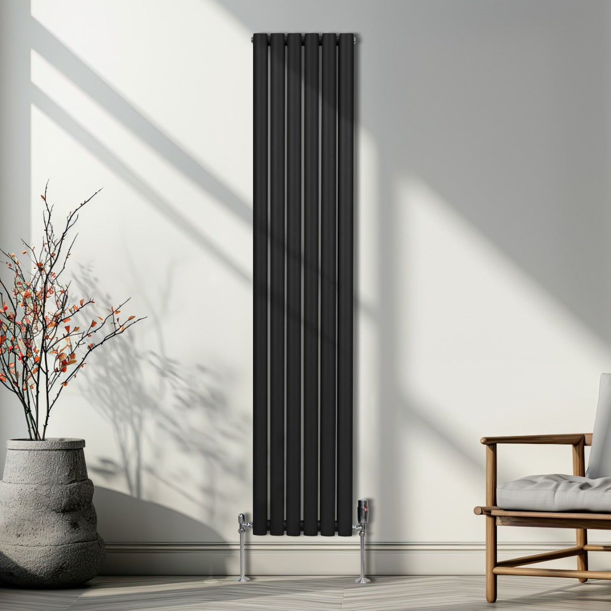 Radiateur à Colonne Ovale & Robinet Thermostatique Chromé - 1800mm x 360mm – Noir