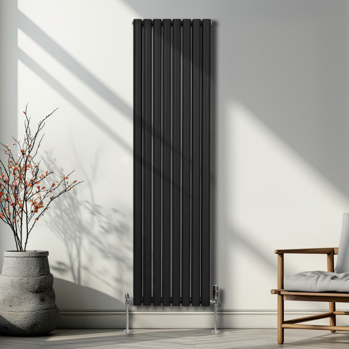 Radiateur à Colonne Ovale & Robinet Thermostatique Chromé - 1800mm x 480mm – Noir