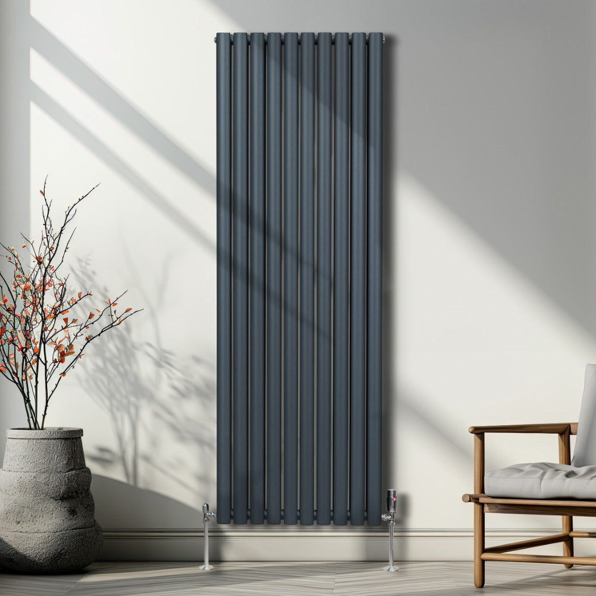 Radiateur à Colonne Ovale & Robinet Thermostatique Chromé - 1800mm x 600mm – Gris Anthracite