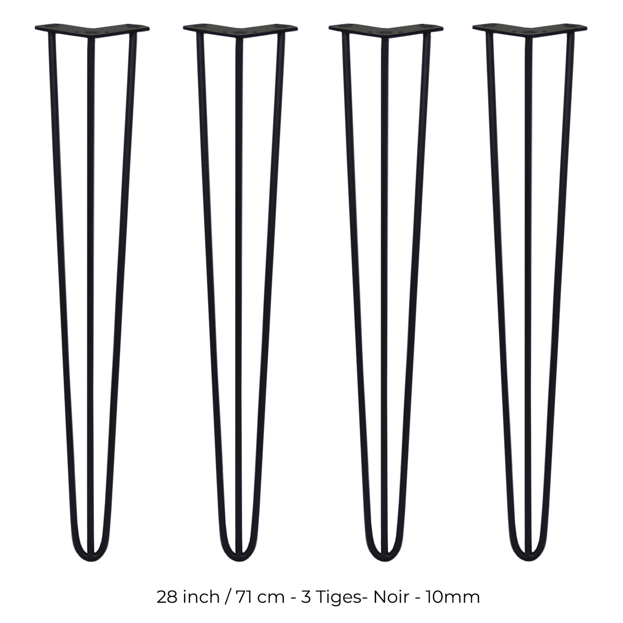 4 Pieds de Table en Épingle à Cheveux - 71cm - 3 Tiges - 10mm – Fini Noir