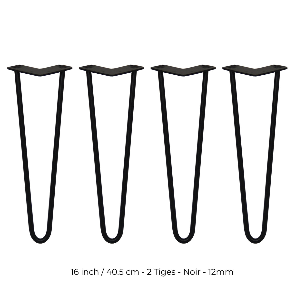 4 Pieds de Table en Épingle à Cheveux - 40,6cm - 2 Tiges - 12mm – Fini Noir