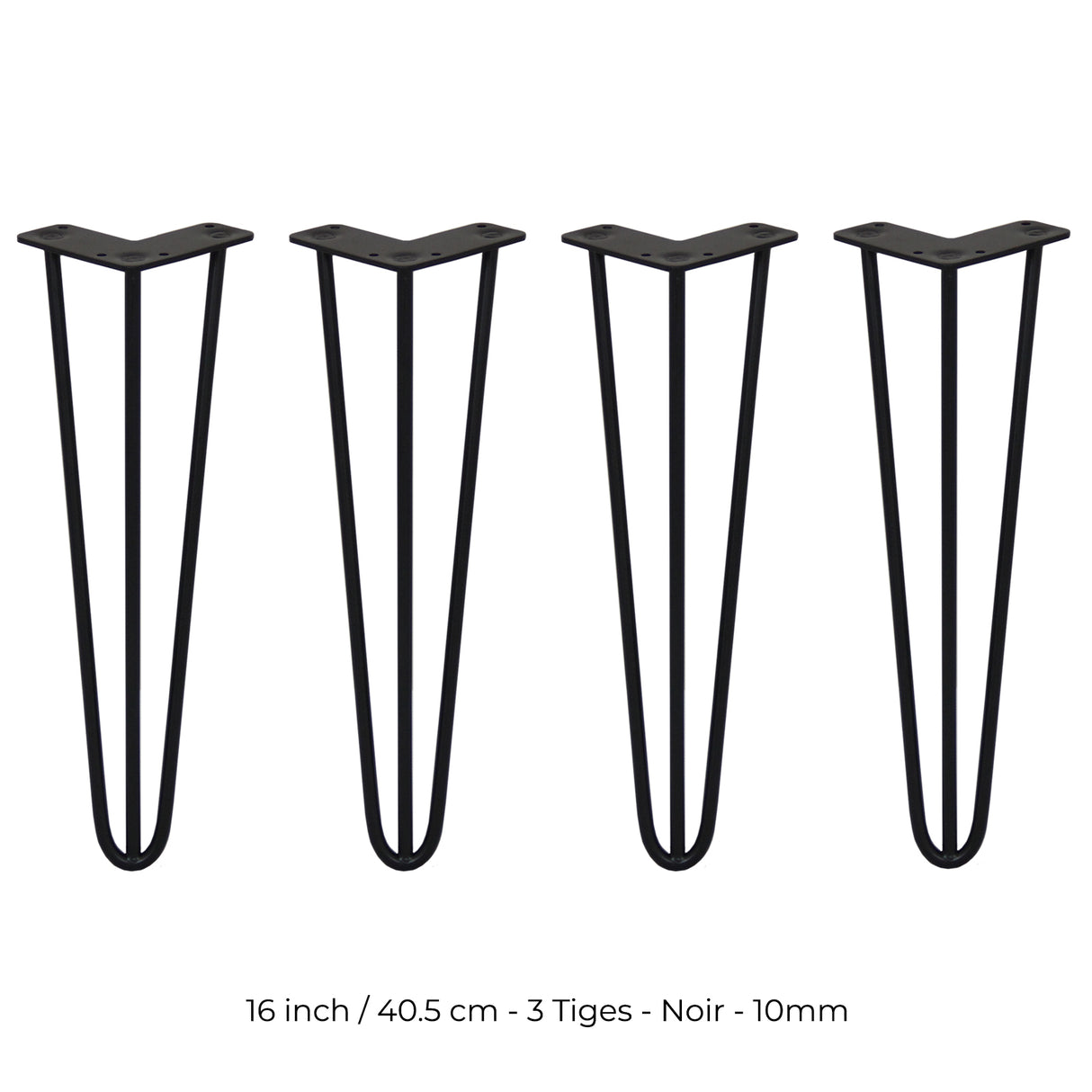 4 Pieds de Table en Épingle à Cheveux - 40,6cm - 3 Tiges - 10mm – Fini Noir