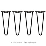 4 Pieds de Table en Épingle à Cheveux - 35,5cm - 2 Tiges - 12mm – Fini Noir