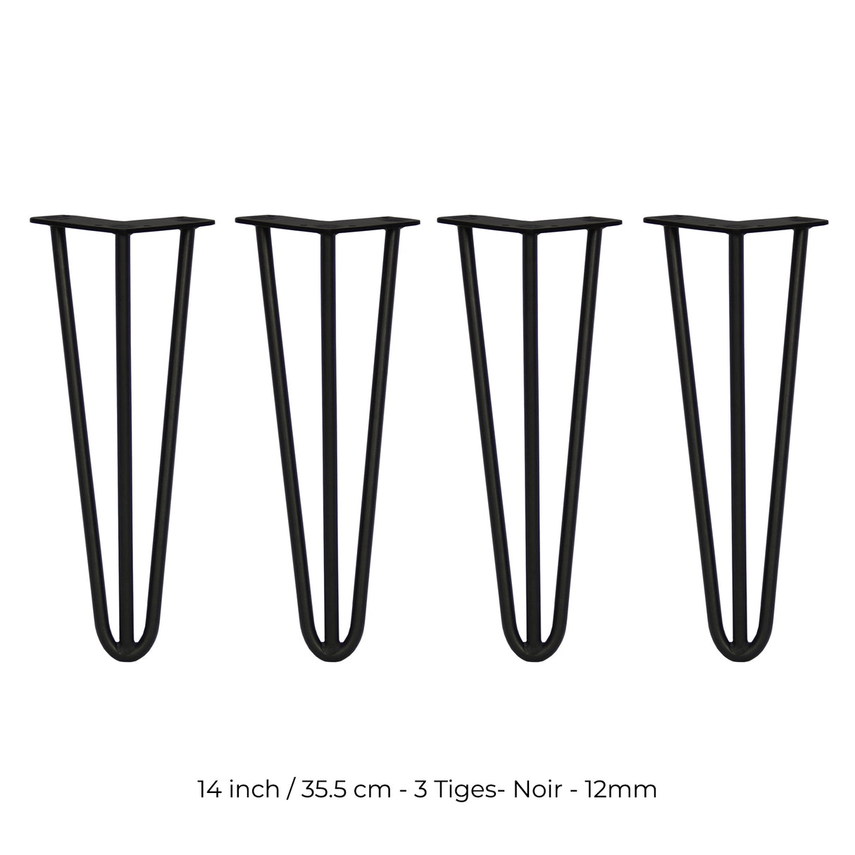 4 Pieds de Table en Épingle à Cheveux - 35,5cm - 3 Tiges - 12mm – Fini Noir