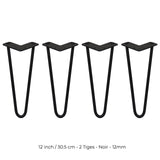 4 Pieds de Table en Épingle à Cheveux - 30,5cm - 2 Tiges - 12mm – Fini Noir