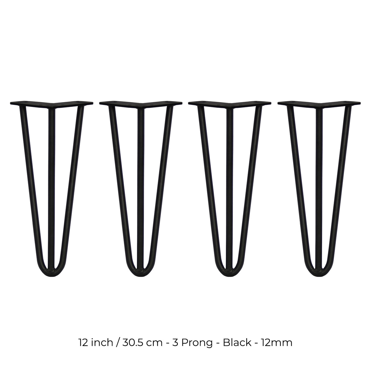 4 Pieds de Table en Épingle à Cheveux - 30,5cm - 3 Tiges - 12mm – Fini Noir