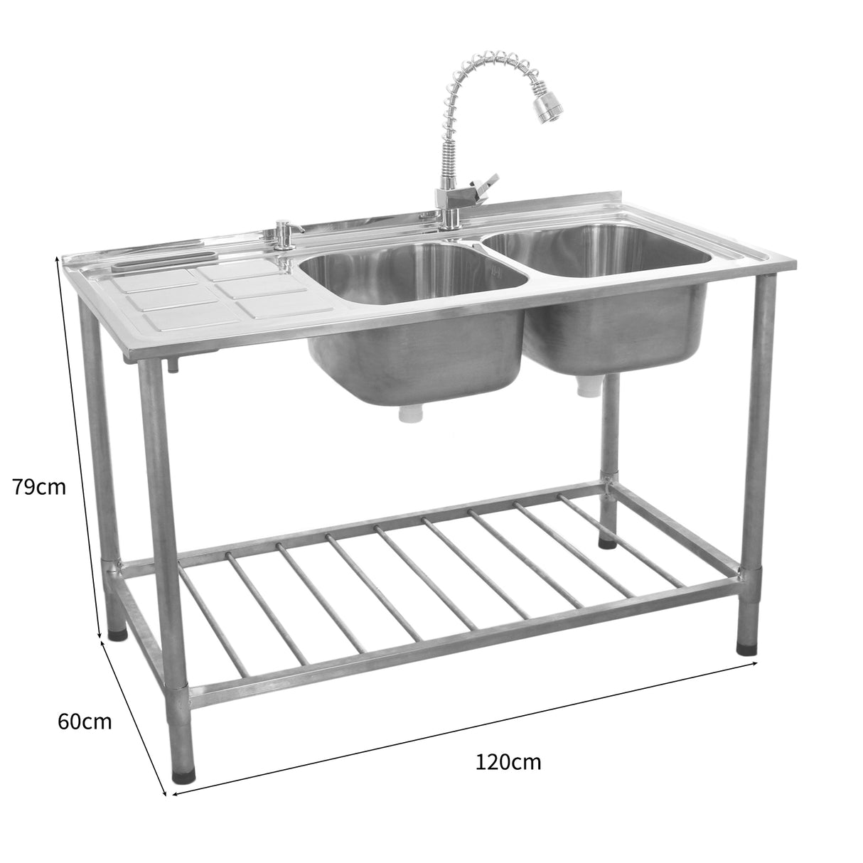 KuKoo Evier Professionnel /Plonge Inox sur Pied à Doubles Bacs – Egouttoir à gauche