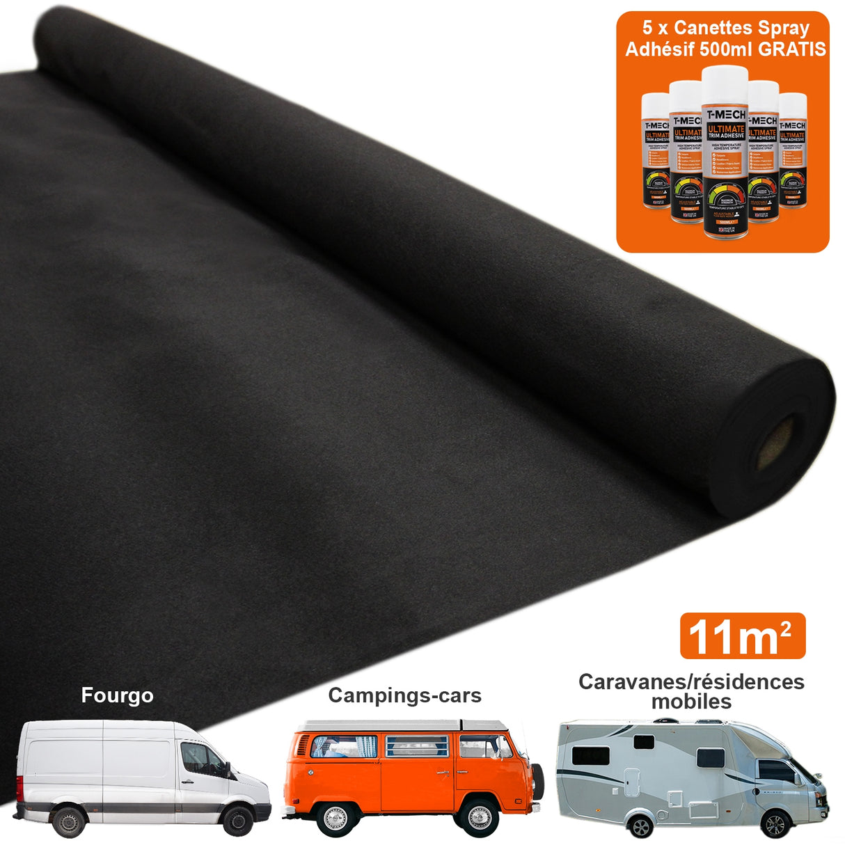 Doublure Intérieure Tapis Murale pour Véhicule / Noir & 5 canettes d'adhésif