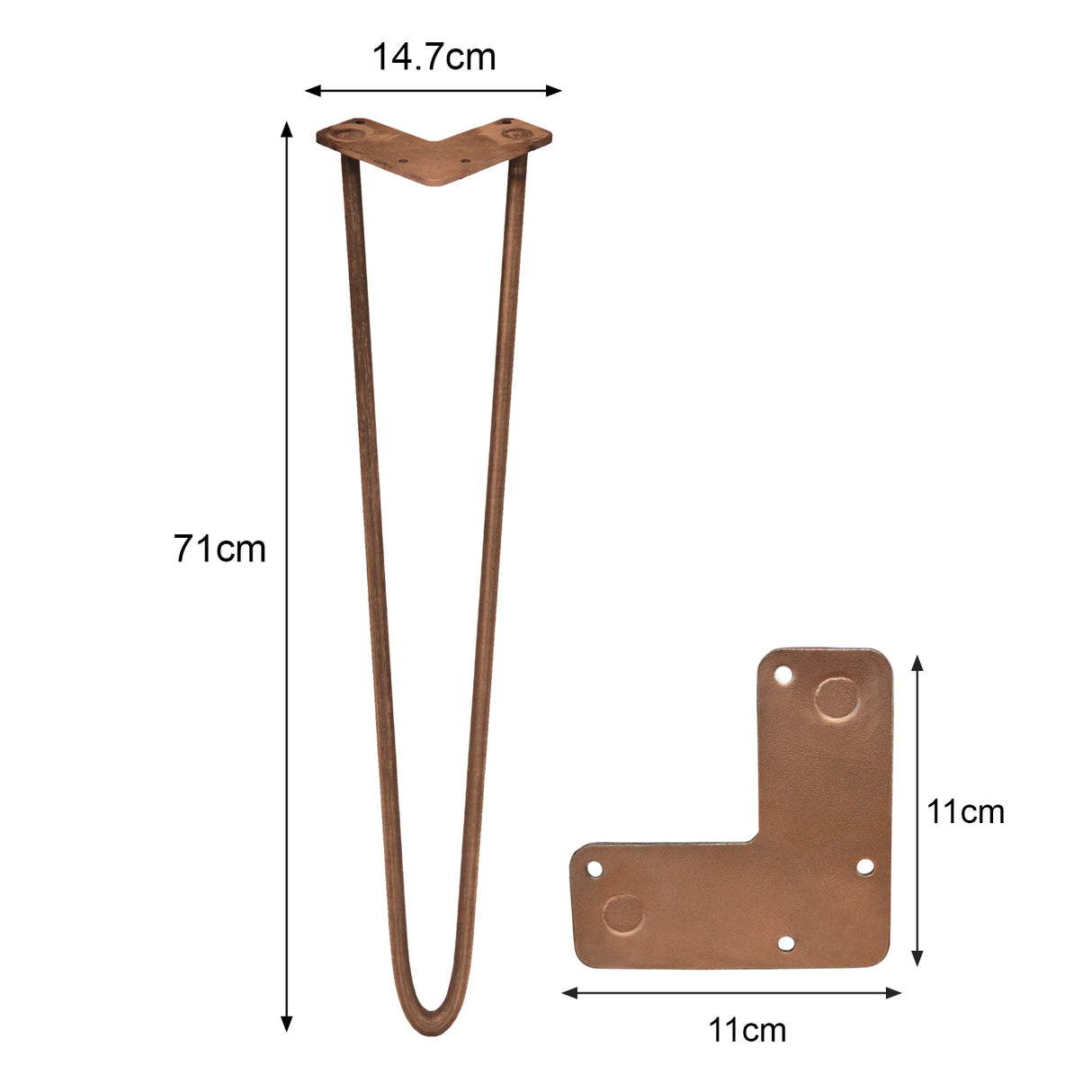 4 Pieds de Table en Epingle à Cheveux - 71cm - 2 Tiges - 10mm - Cuivre