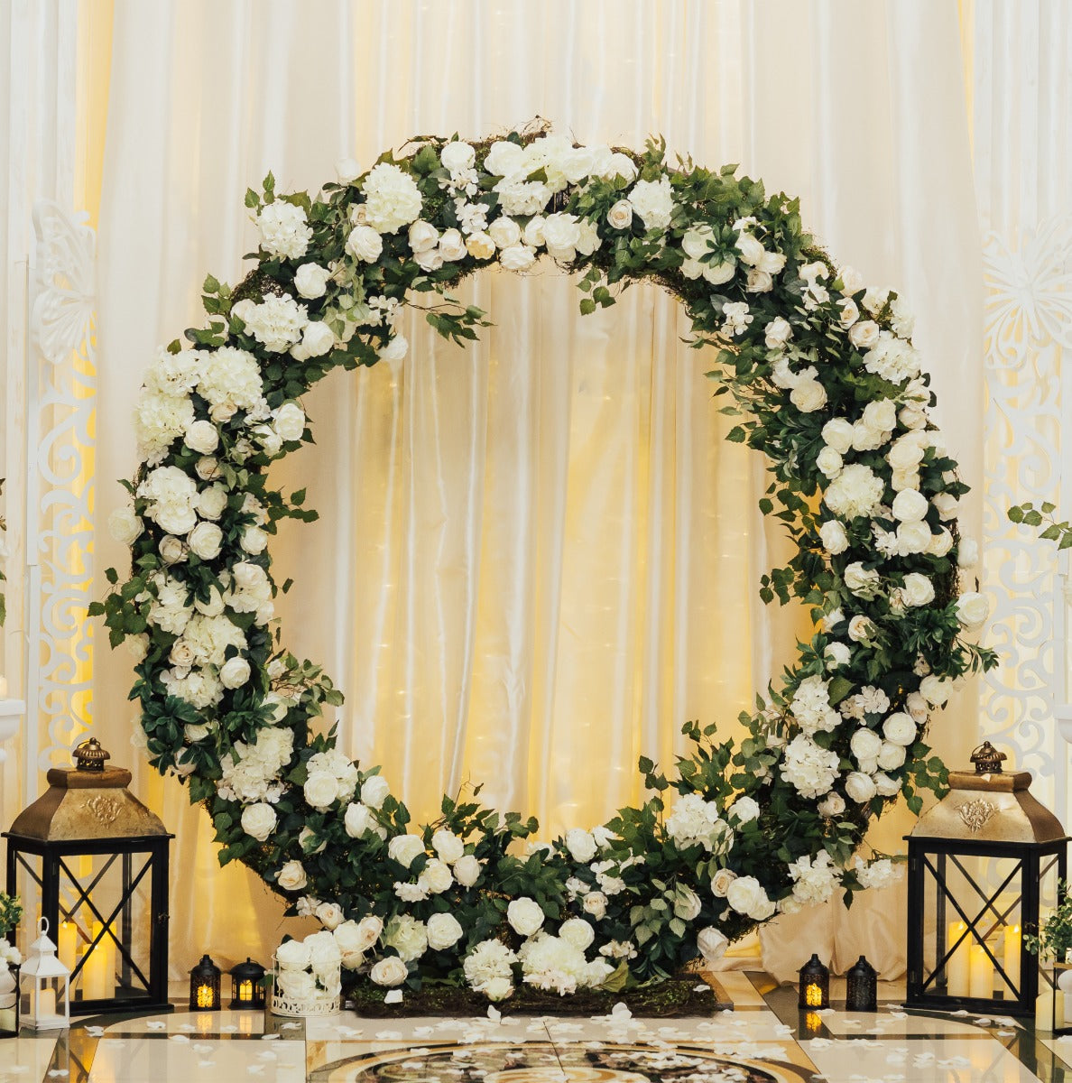 Décoration de Mariage - Combo Arche Circulaire Blanche  & 2 Saules Pleureur Lumineux 180 cm Blanc chaud