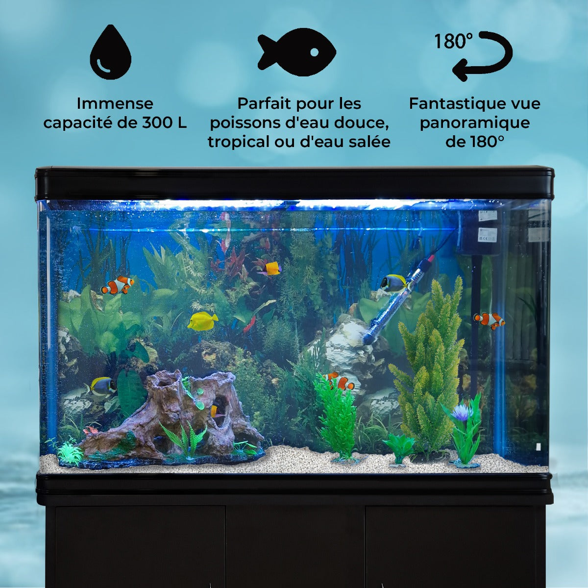 Aquarium à bords Noir avec Meuble NOIR et Gravier Blanc