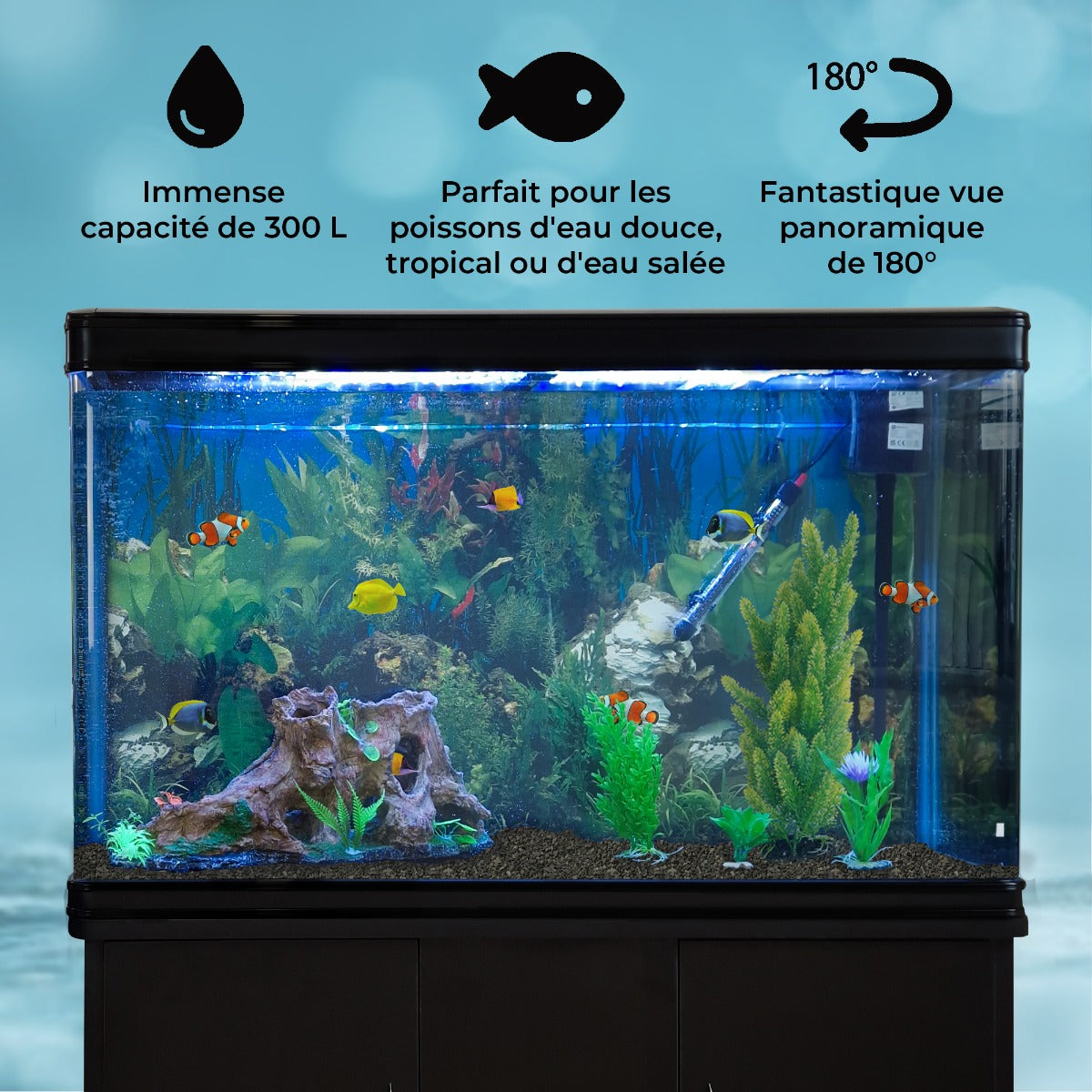 Aquarium à bords Noir avec Meuble NOIR et Gravier Noir