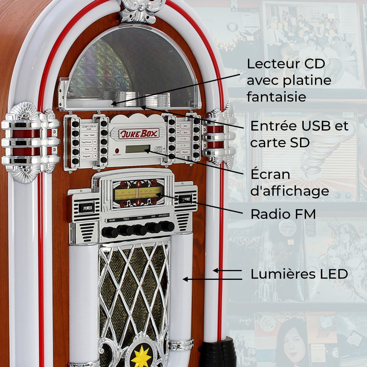 Jukebox Style Rétro Années 50 à système d'éclairages LED