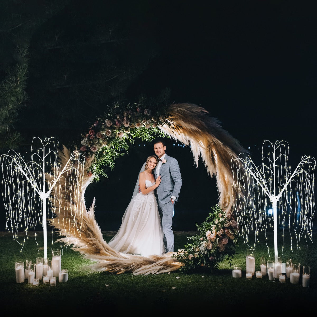 Décoration de Mariage - Combo Arche Circulaire Dorée & 2 Saules Pleureur Lumineux 180cm Blanc Chaud